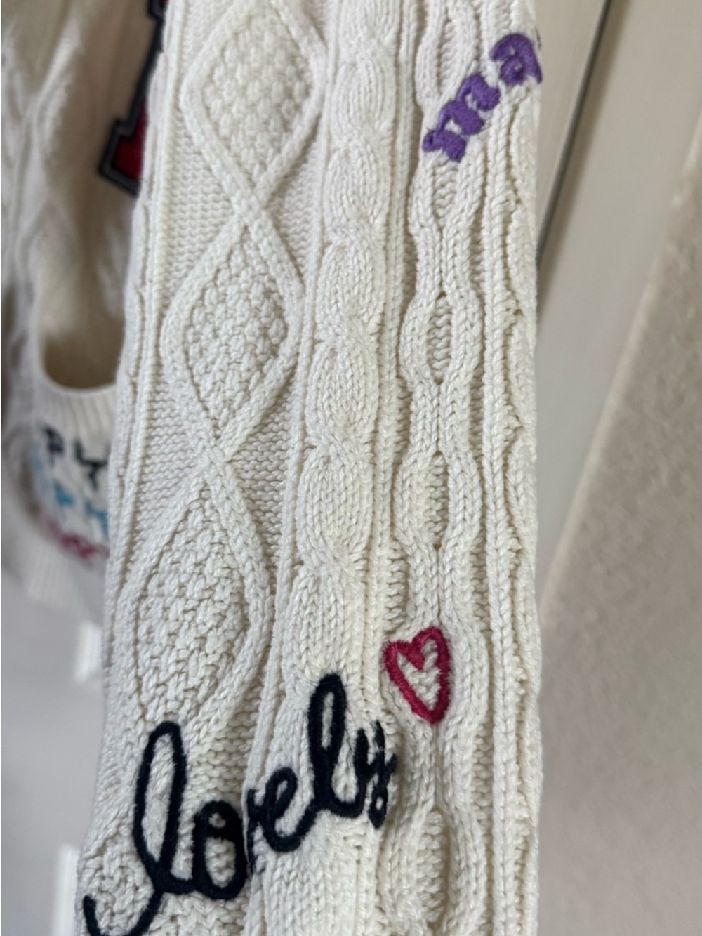Forever 21 Creamy White Cable-Knit Embroidered Cardigan with Red Patch Accents - Picture 4 of 7